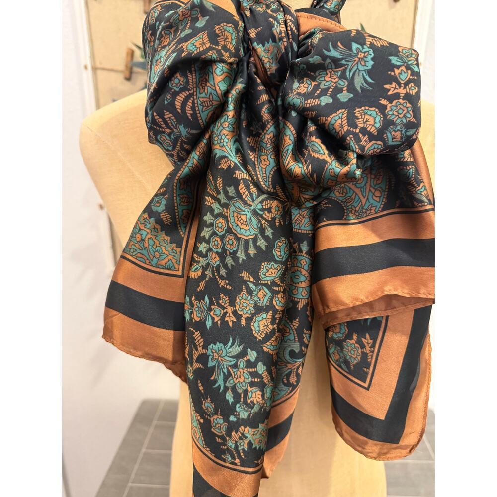 VINTAGE Large Brown/Green Paisley Neck Tie Scarf Wrap Shawl - Picture 2 of 7